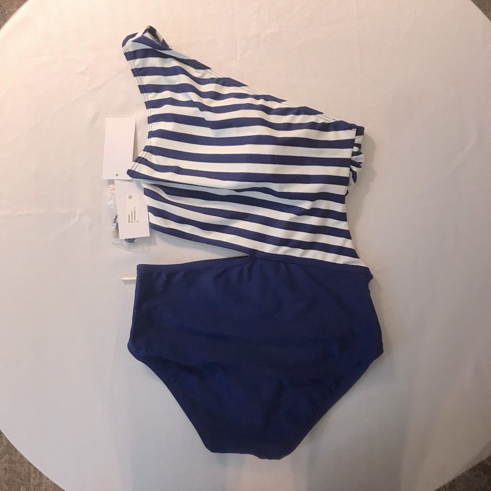 MICHAEL Michael Kors Blue and White Stripe One Shoulder Swimsuit 2X Host… - Picture 4 of 7